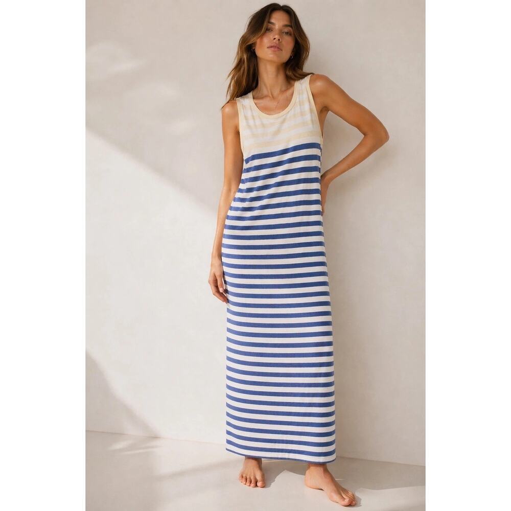 Current Elliott Striped Maxi Dress Blue White Sleeveless Cotton Coastal Small